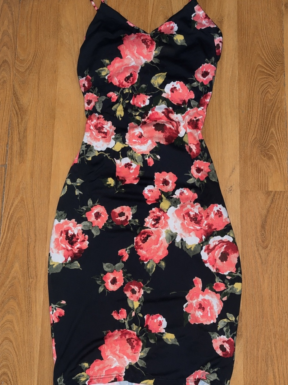 Floral Slip Midi Dress in Black with Pink Roses